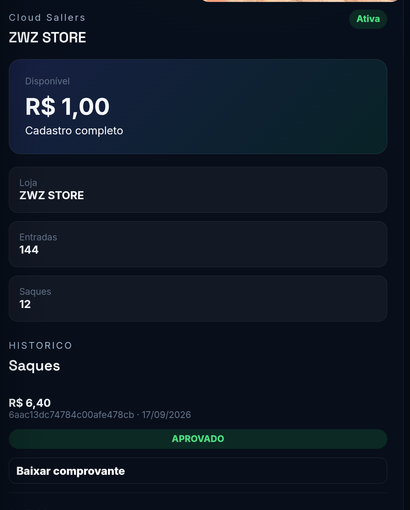Aba Cloud Wallet da área do cliente mostrando saldo, entradas, saques e comprovante aprovado